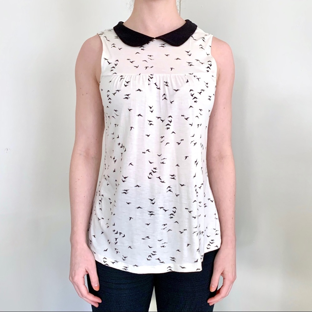 a.n.a Cream Peter Pan Collar Top Bird Print Keyhole Sleeveless Blouse Preppy Y2K